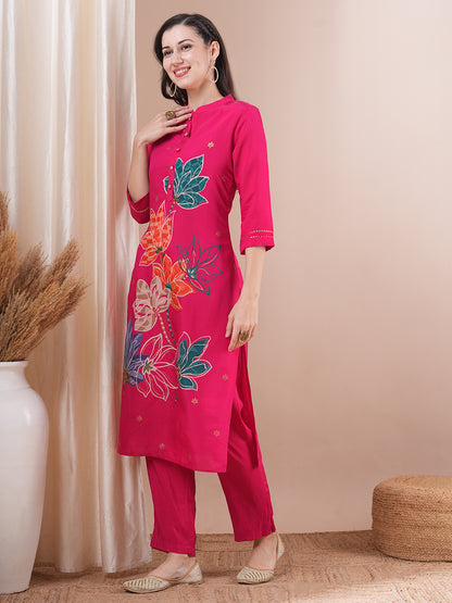 Abstract Floral Foil Printed Straight Fit Kurta with Pant - Pink