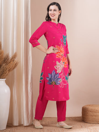 Abstract Floral Foil Printed Straight Fit Kurta with Pant - Pink