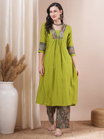 Solid Ethnic Printed A-Line Paneled Kurta with Palazzo - Lime Green