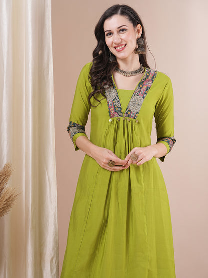 Solid Ethnic Printed A-Line Paneled Kurta with Palazzo - Lime Green