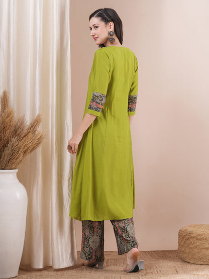 Solid Ethnic Printed A-Line Paneled Kurta with Palazzo - Lime Green