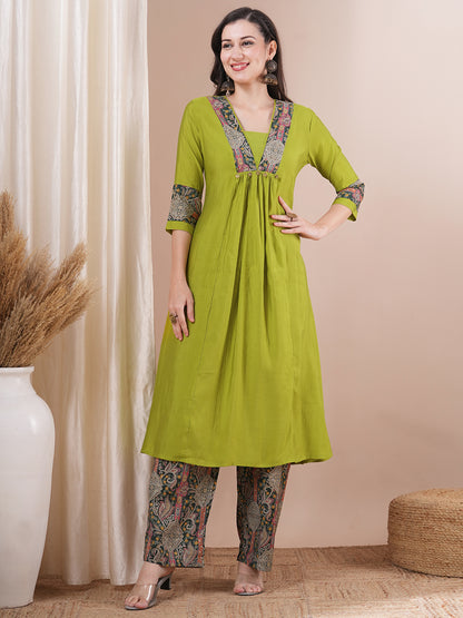 Solid Ethnic Printed A-Line Paneled Kurta with Palazzo - Lime Green