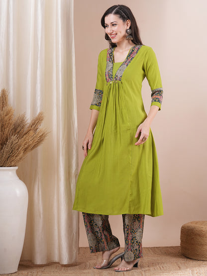 Solid Ethnic Printed A-Line Paneled Kurta with Palazzo - Lime Green