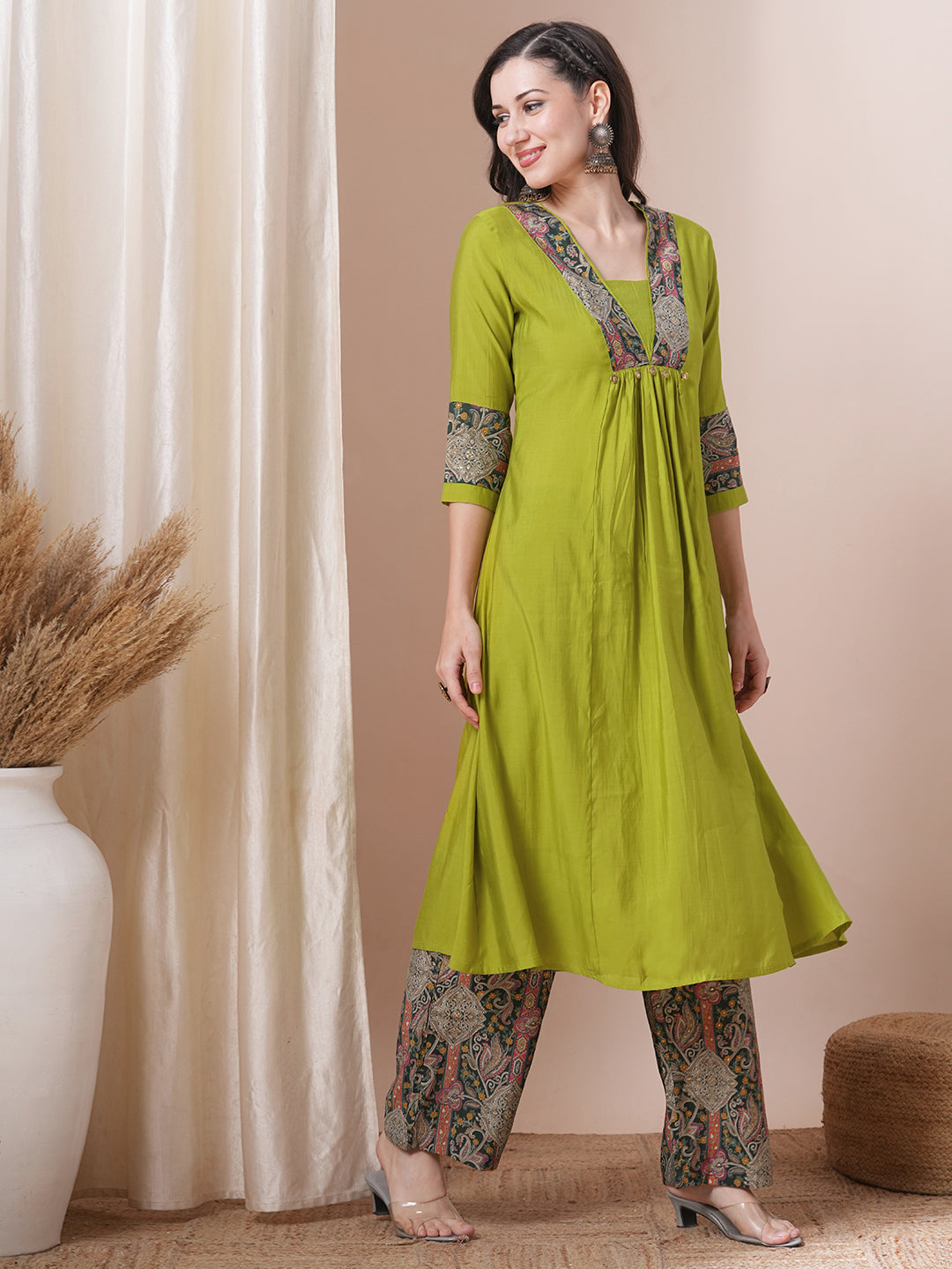 Solid Ethnic Printed A-Line Paneled Kurta with Palazzo - Lime Green