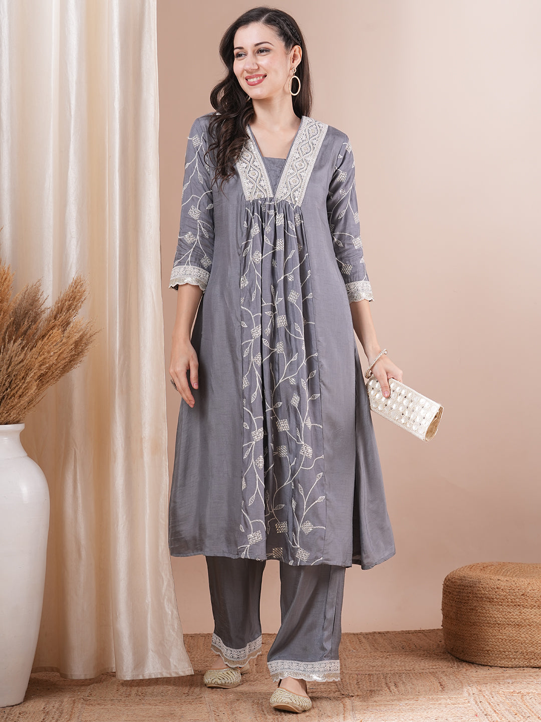 Solid Floral Embroidered A-Line Paneled Kurta with Palazzo - Grey