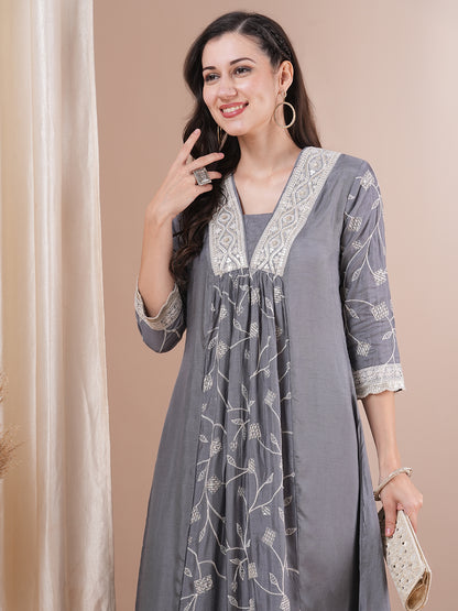 Solid Floral Embroidered A-Line Paneled Kurta with Palazzo - Grey