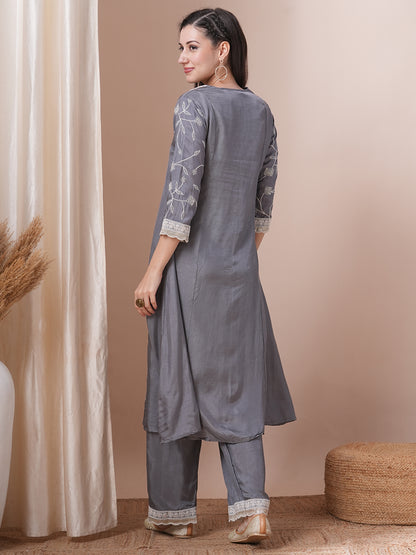 Solid Floral Embroidered A-Line Paneled Kurta with Palazzo - Grey