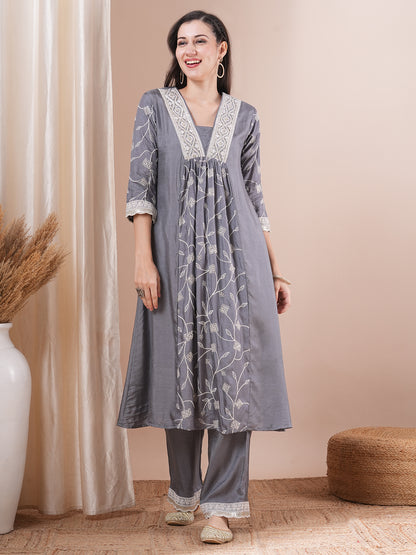 Solid Floral Embroidered A-Line Paneled Kurta with Palazzo - Grey