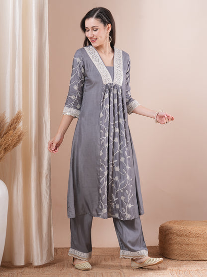 Solid Floral Embroidered A-Line Paneled Kurta with Palazzo - Grey