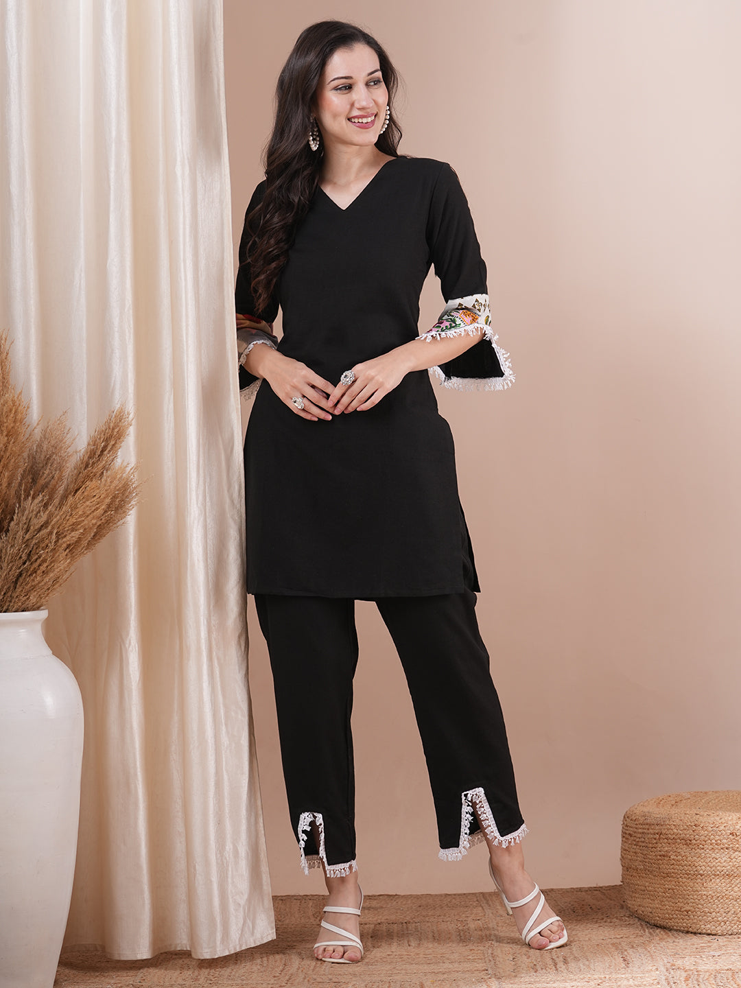 Solid Ethnic PatchWork Straight Fit Cotton Flax Co-ord Set - Black