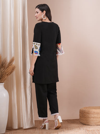 Solid Ethnic PatchWork Straight Fit Cotton Flax Co-ord Set - Black