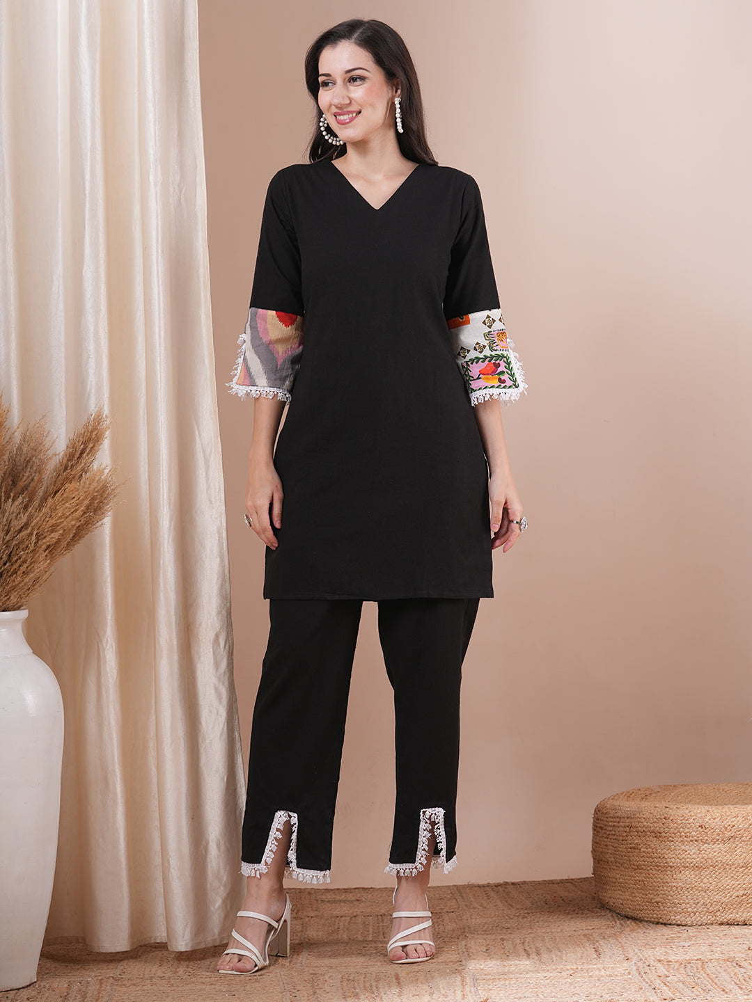 Solid Ethnic PatchWork Straight Fit Cotton Flax Co-ord Set - Black