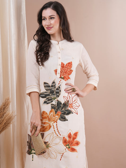 Abstract Floral Foil Printed Straight Fit Kurta with Pant - Off White