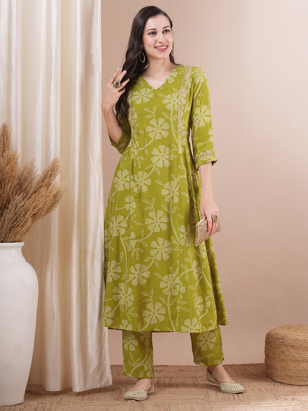 Ethnic Bandhani Printed & Embroidered A-Line Paneled Co-ord Set - Green