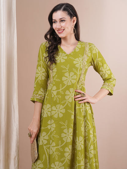 Ethnic Bandhani Printed & Embroidered A-Line Paneled Co-ord Set - Green