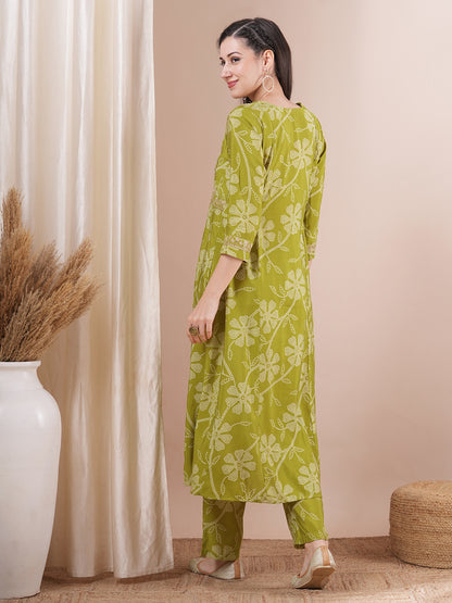 Ethnic Bandhani Printed & Embroidered A-Line Paneled Co-ord Set - Green