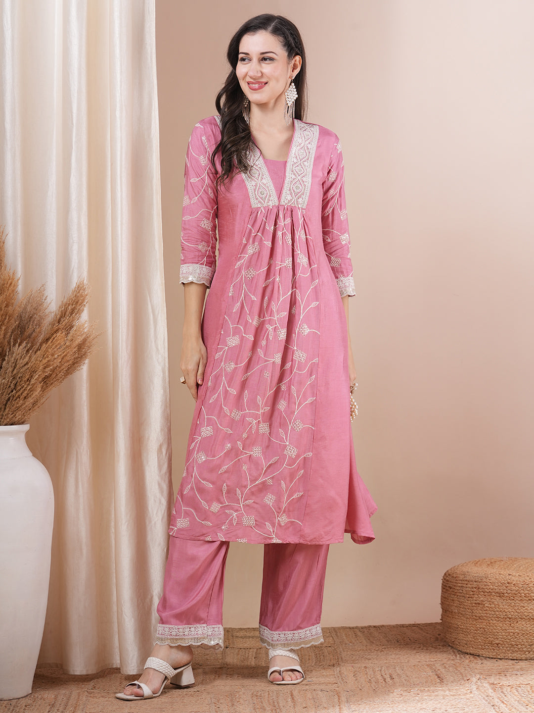 Solid Floral Embroidered A-Line Paneled Kurta with Palazzo - Pink