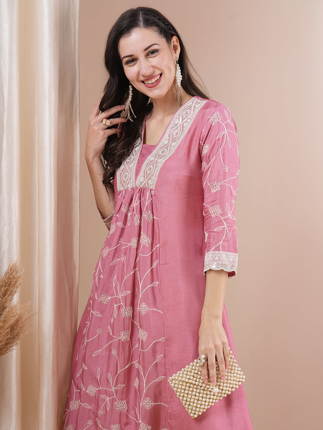 Solid Floral Embroidered A-Line Paneled Kurta with Palazzo - Pink