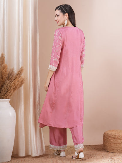 Solid Floral Embroidered A-Line Paneled Kurta with Palazzo - Pink