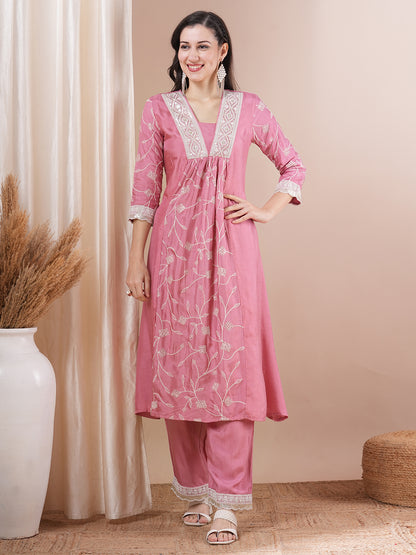 Solid Floral Embroidered A-Line Paneled Kurta with Palazzo - Pink