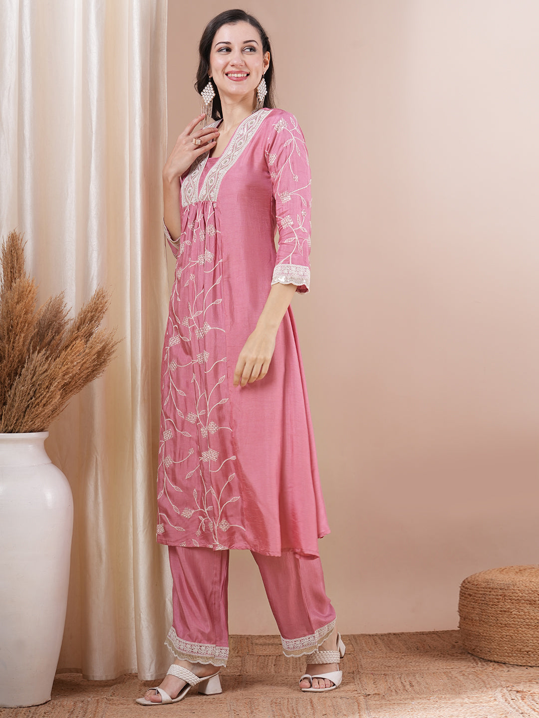 Solid Floral Embroidered A-Line Paneled Kurta with Palazzo - Pink