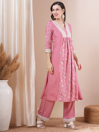 Solid Floral Embroidered A-Line Paneled Kurta with Palazzo - Pink