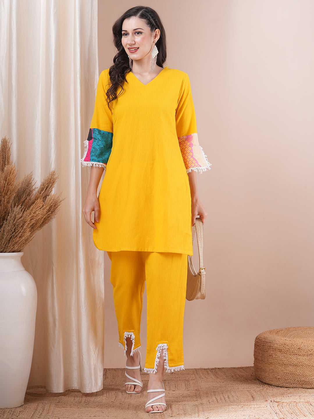 Solid Ethnic PatchWork Straight Fit Cotton Flax Co-ord Set - Yellow