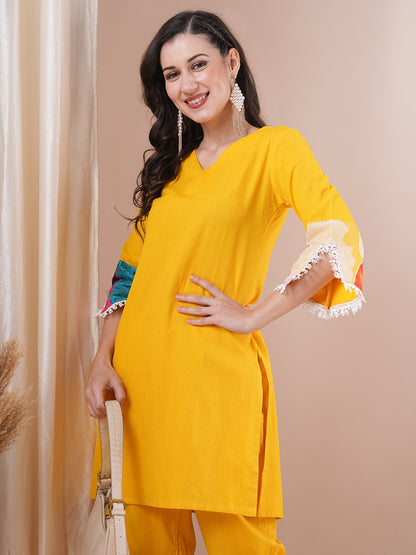 Solid Ethnic PatchWork Straight Fit Cotton Flax Co-ord Set - Yellow