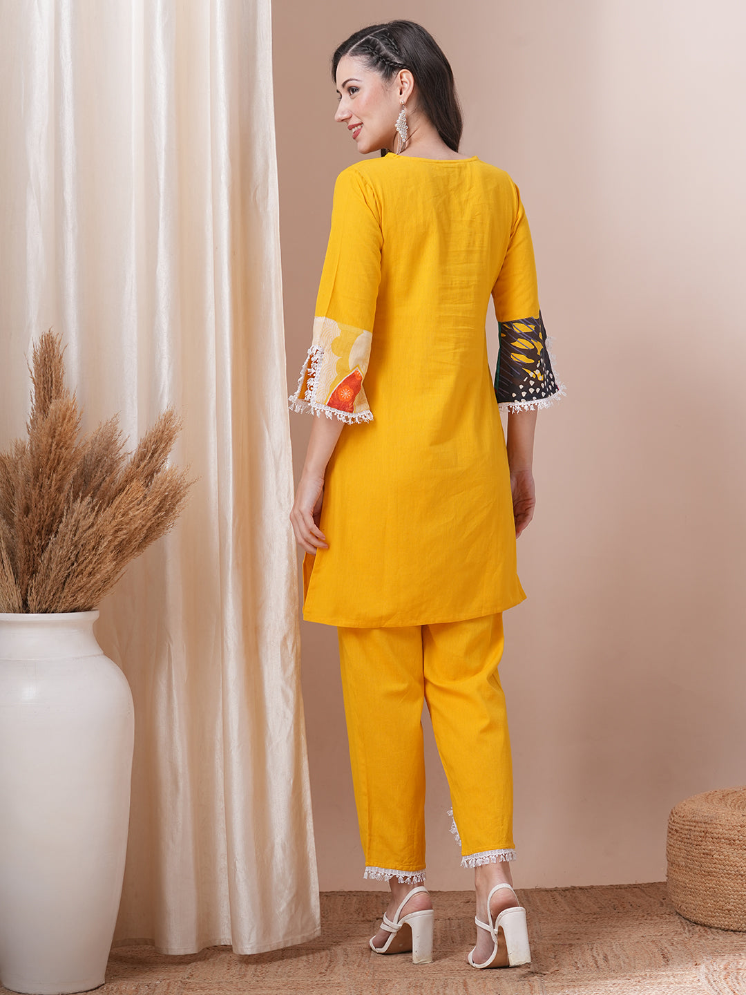 Solid Ethnic PatchWork Straight Fit Cotton Flax Co-ord Set - Yellow