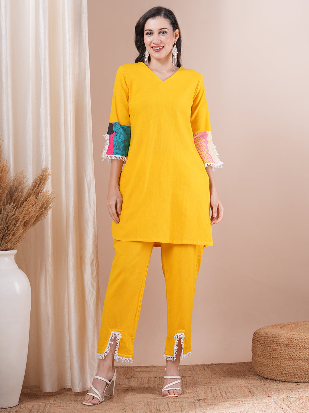 Solid Ethnic PatchWork Straight Fit Cotton Flax Co-ord Set - Yellow