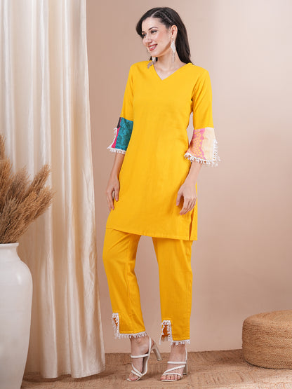 Solid Ethnic PatchWork Straight Fit Cotton Flax Co-ord Set - Yellow