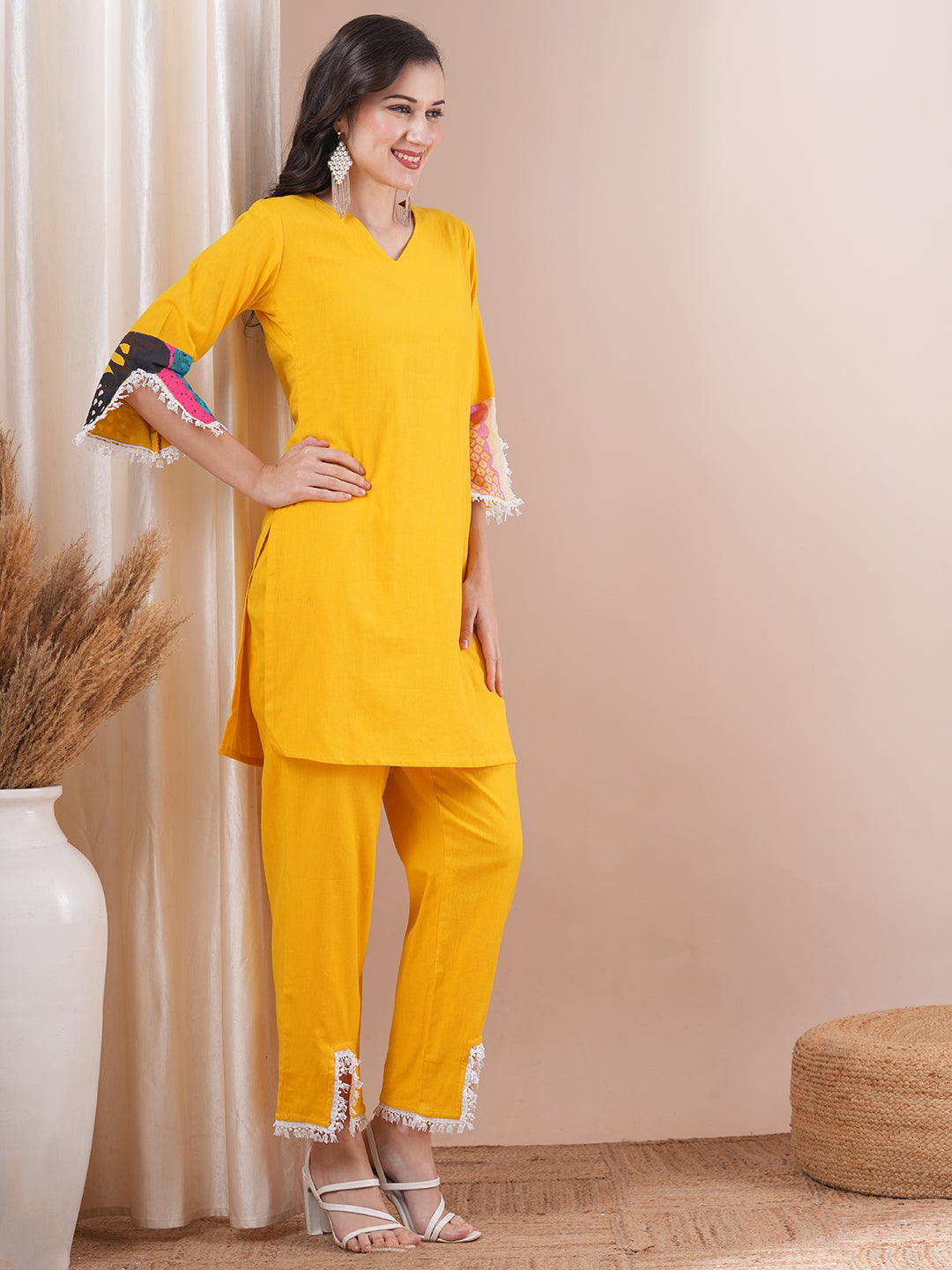 Solid Ethnic PatchWork Straight Fit Cotton Flax Co-ord Set - Yellow