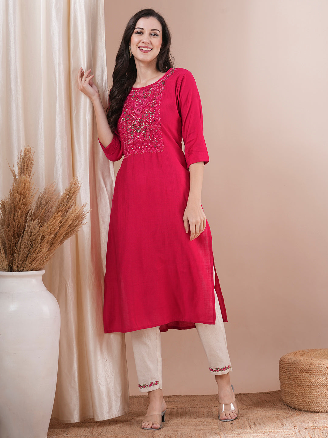 Solid Floral Hand Embroidered Straight Fit Kurta with Pant - Pink