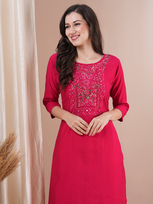 Solid Floral Hand Embroidered Straight Fit Kurta with Pant - Pink