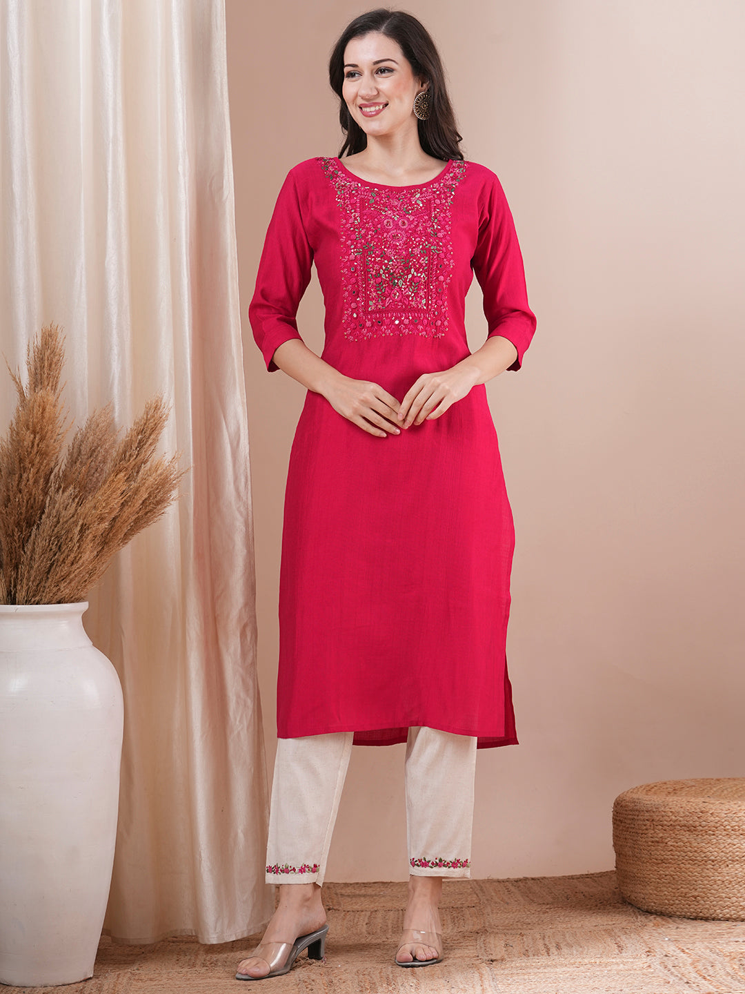 Solid Floral Hand Embroidered Straight Fit Kurta with Pant - Pink