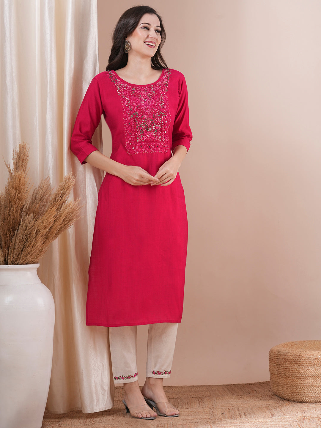 Solid Floral Hand Embroidered Straight Fit Kurta with Pant - Pink