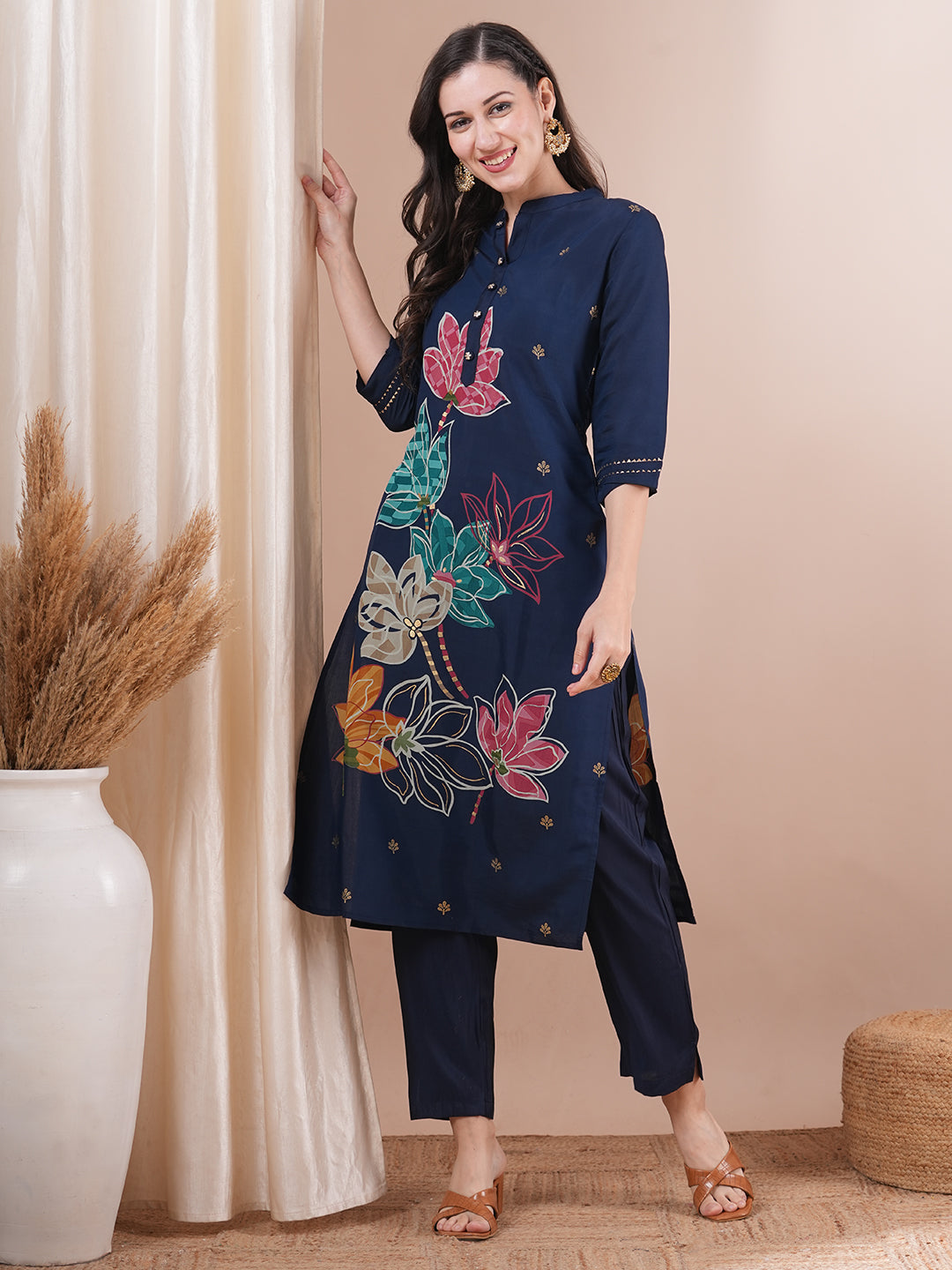 Abstract Floral Foil Printed Straight Fit Kurta with Pant - Blue