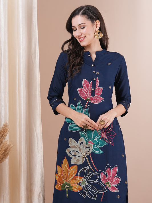 Abstract Floral Foil Printed Straight Fit Kurta with Pant - Blue