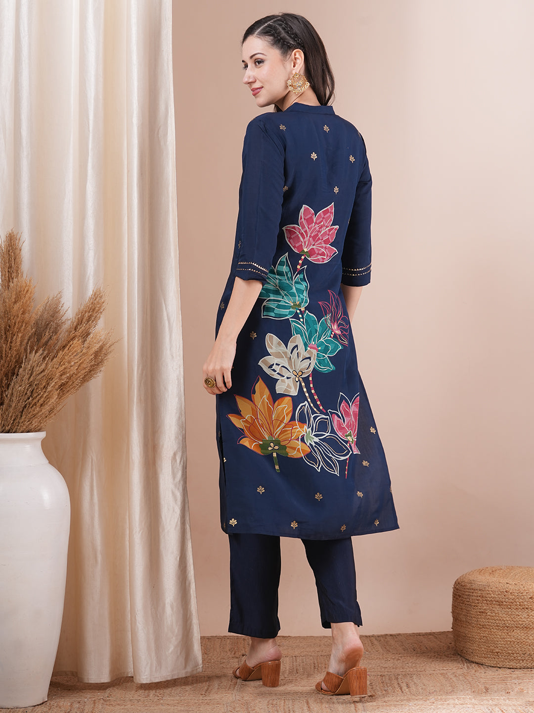 Abstract Floral Foil Printed Straight Fit Kurta with Pant - Blue