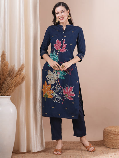 Abstract Floral Foil Printed Straight Fit Kurta with Pant - Blue