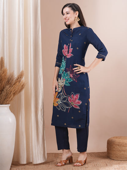 Abstract Floral Foil Printed Straight Fit Kurta with Pant - Blue