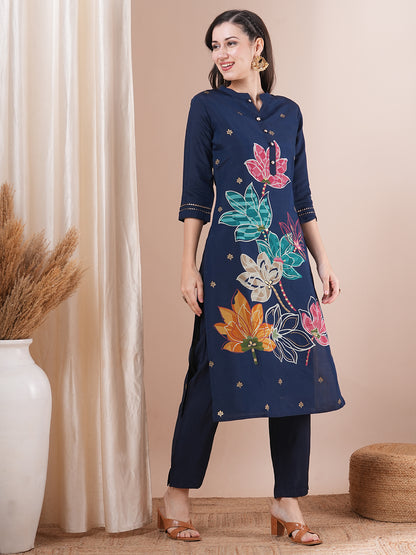 Abstract Floral Foil Printed Straight Fit Kurta with Pant - Blue