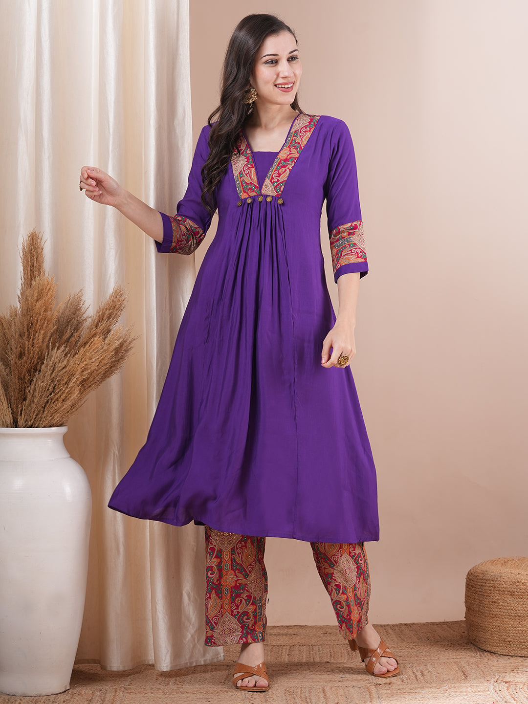 Solid Ethnic Printed A-Line Paneled Kurta with Palazzo - Purple