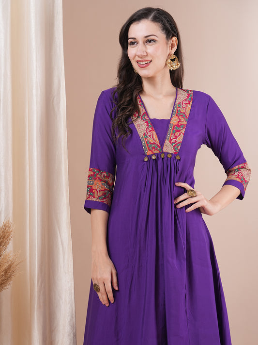 Solid Ethnic Printed A-Line Paneled Kurta with Palazzo - Purple