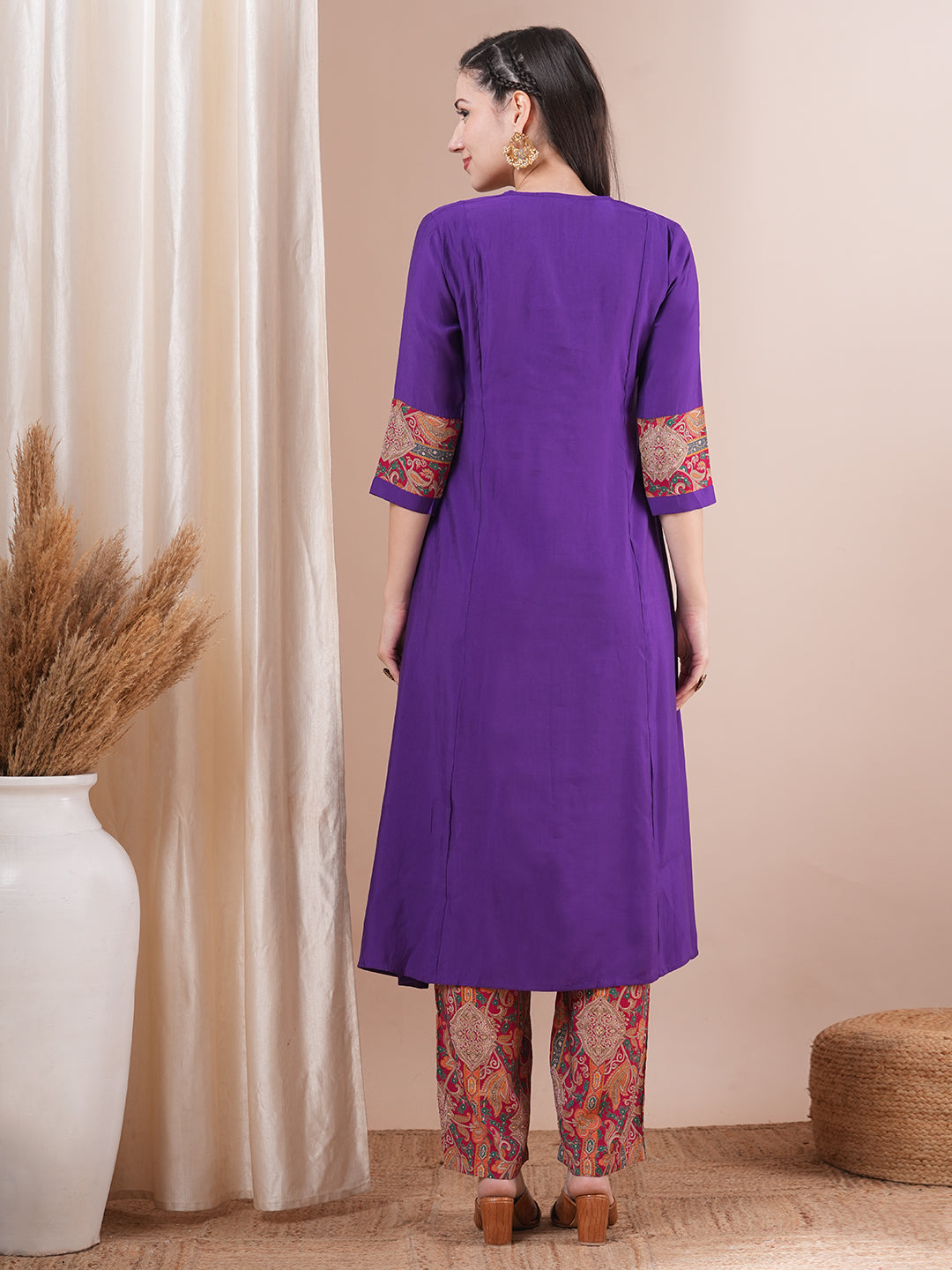 Solid Ethnic Printed A-Line Paneled Kurta with Palazzo - Purple