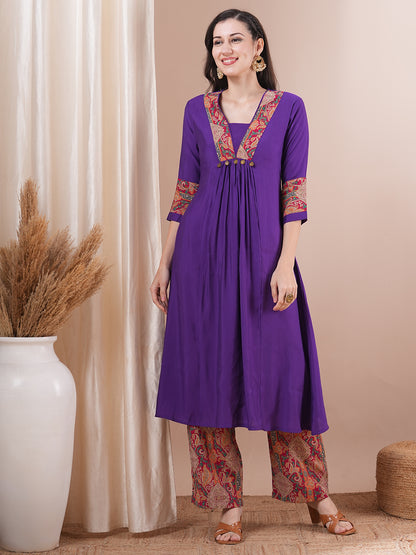 Solid Ethnic Printed A-Line Paneled Kurta with Palazzo - Purple