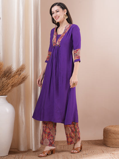 Solid Ethnic Printed A-Line Paneled Kurta with Palazzo - Purple