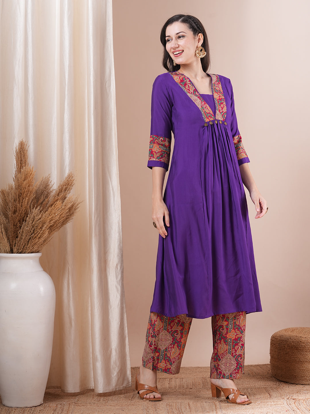 Solid Ethnic Printed A-Line Paneled Kurta with Palazzo - Purple