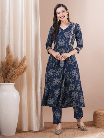 Ethnic Bandhani Printed & Embroidered A-Line Paneled Co-ord Set - Blue