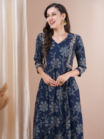 Ethnic Bandhani Printed & Embroidered A-Line Paneled Co-ord Set - Blue